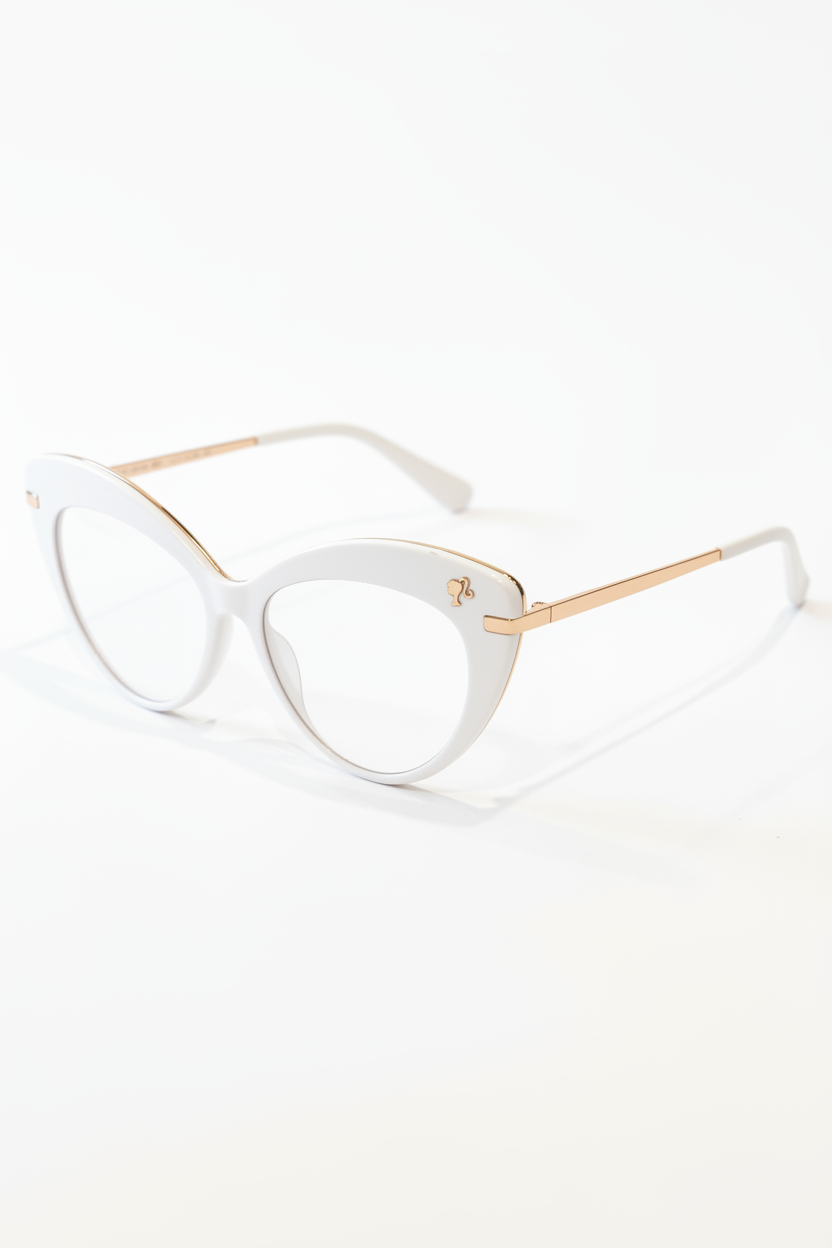 White cat-eye glasses with gold accents on a white background