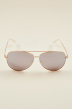 sunglasses, aviator silhouette, wide face sunglasses, rose gold metal frame, mirrored lens, brown ear piece 