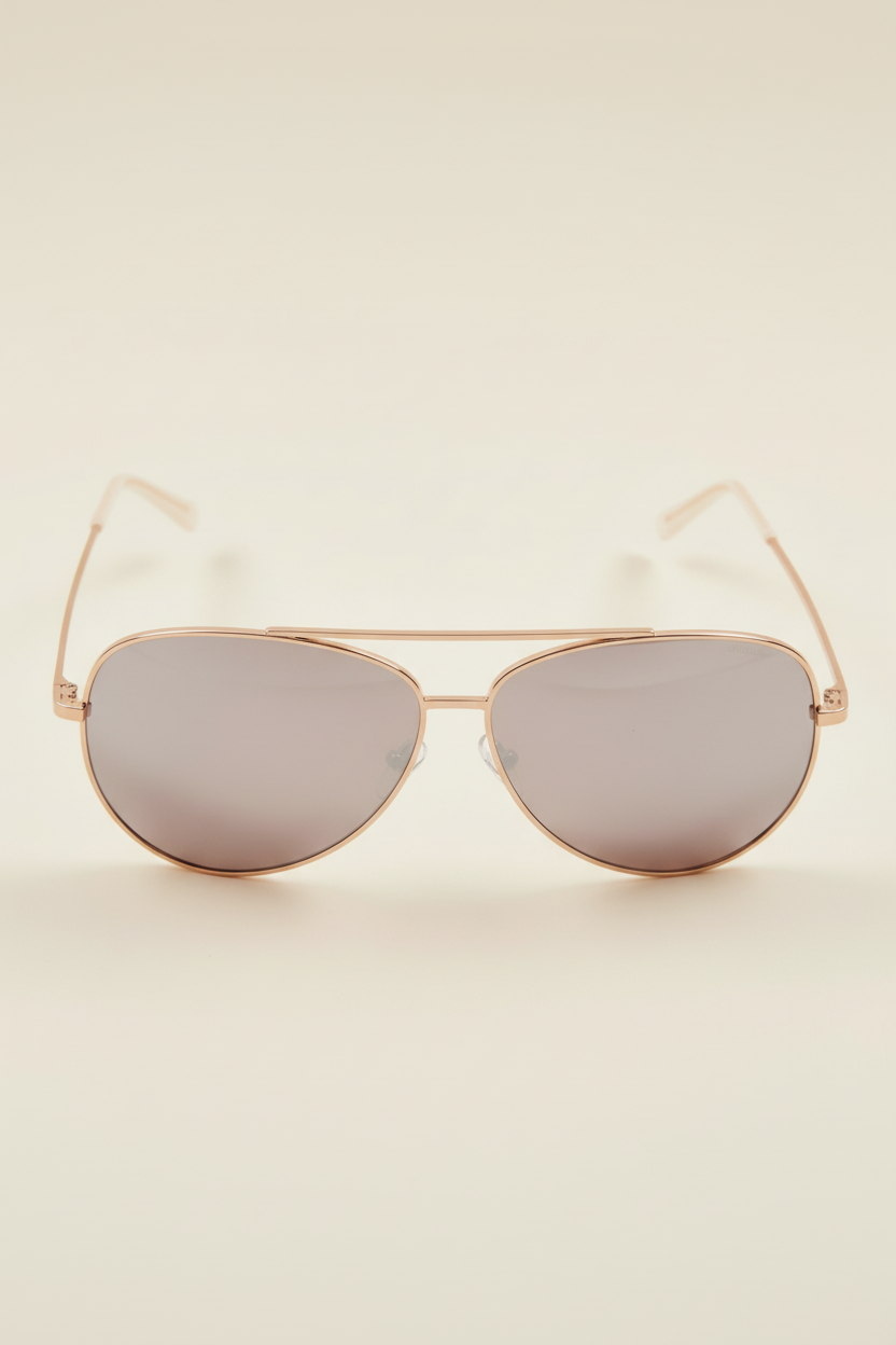 sunglasses, aviator silhouette, wide face sunglasses, rose gold metal frame, mirrored lens, brown ear piece 
