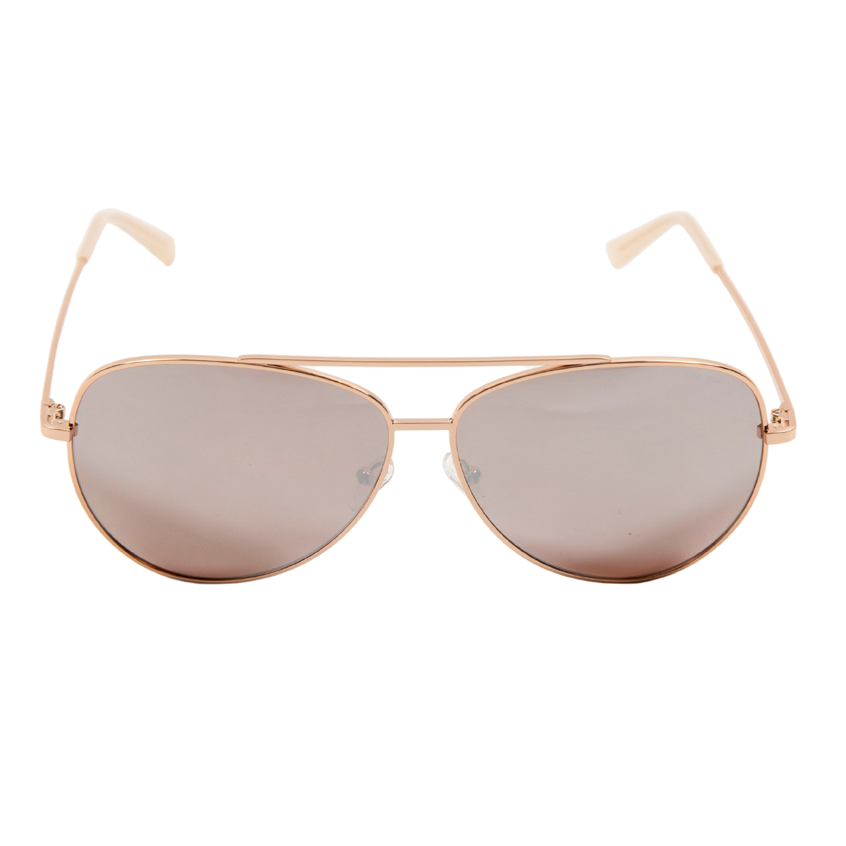 sunglasses, aviator silhouette, wide face sunglasses, rose gold metal frame, mirrored lens, brown ear piece 