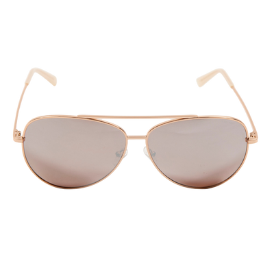 sunglasses, aviator silhouette, wide face sunglasses, rose gold metal frame, mirrored lens, brown ear piece 