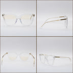 Four angles of Sol Kyst Blue Light glasses with clear acetate frames and orange tinted blue light blocking lenses, displayed on a white background.