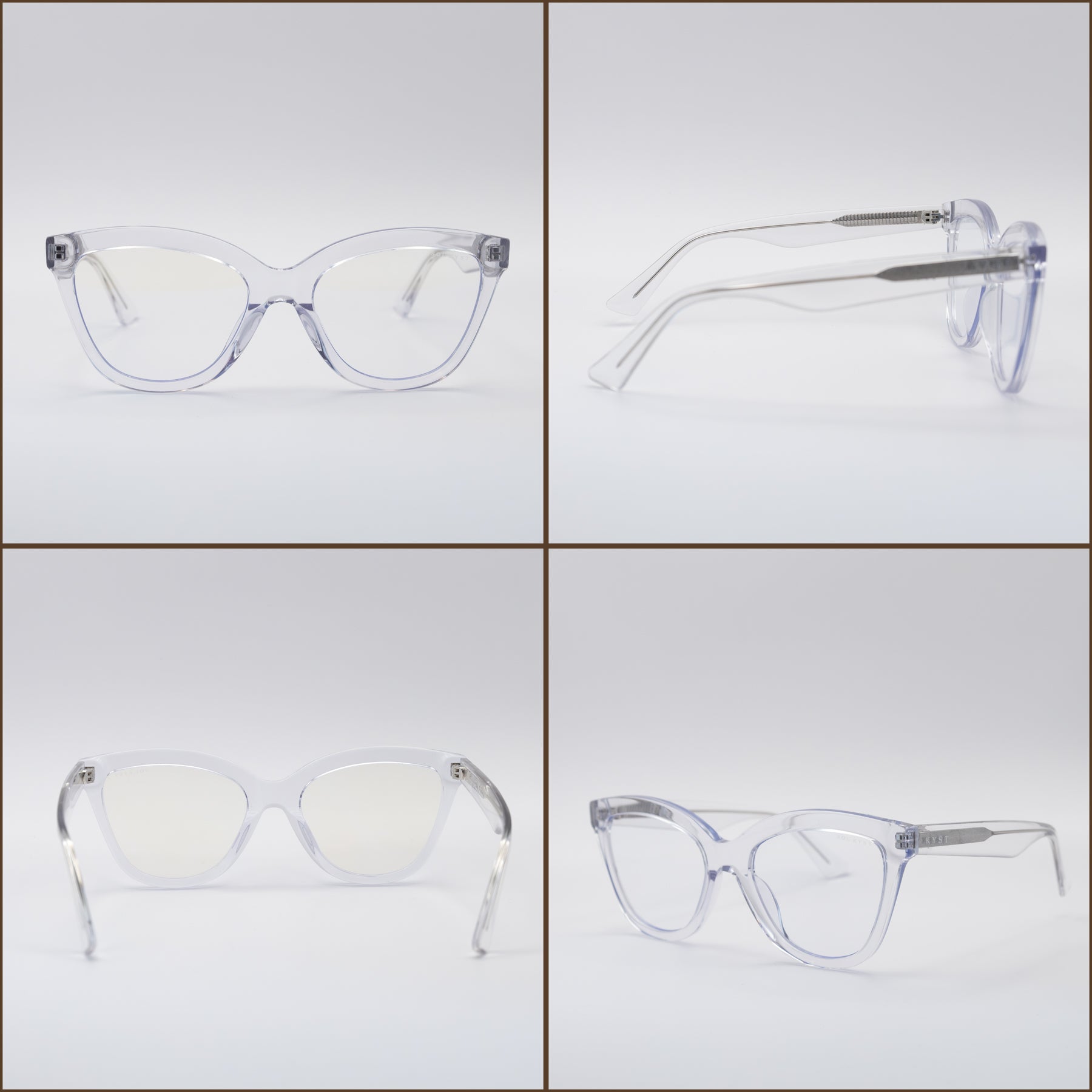 Four angles of Blue Light glasses featuring clear frames and blue light blocking clear lenses, shown on a white background.