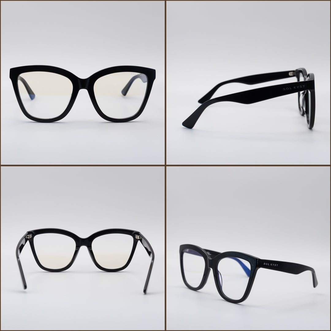 four angles of women's blue light glasses with black frames and clear lenses.