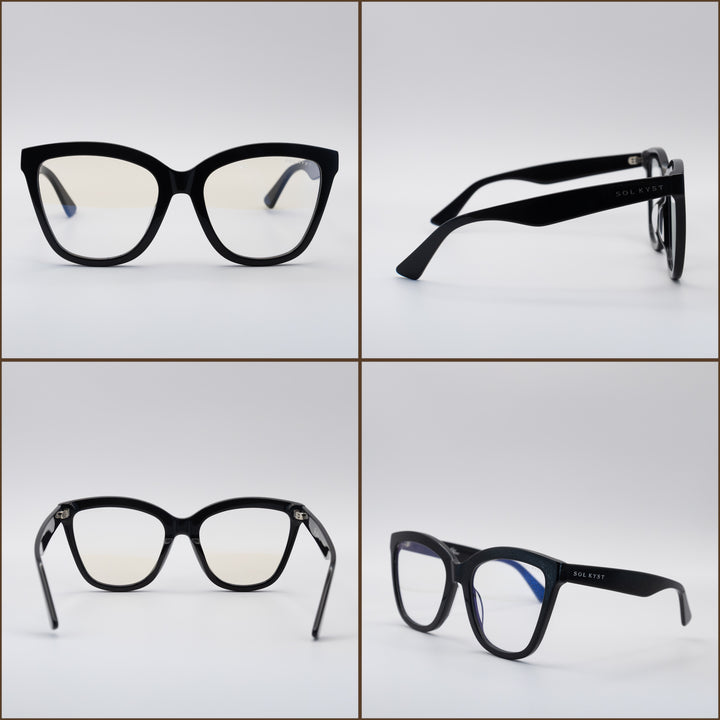 four angles of women's blue light glasses with black frames and clear lenses.