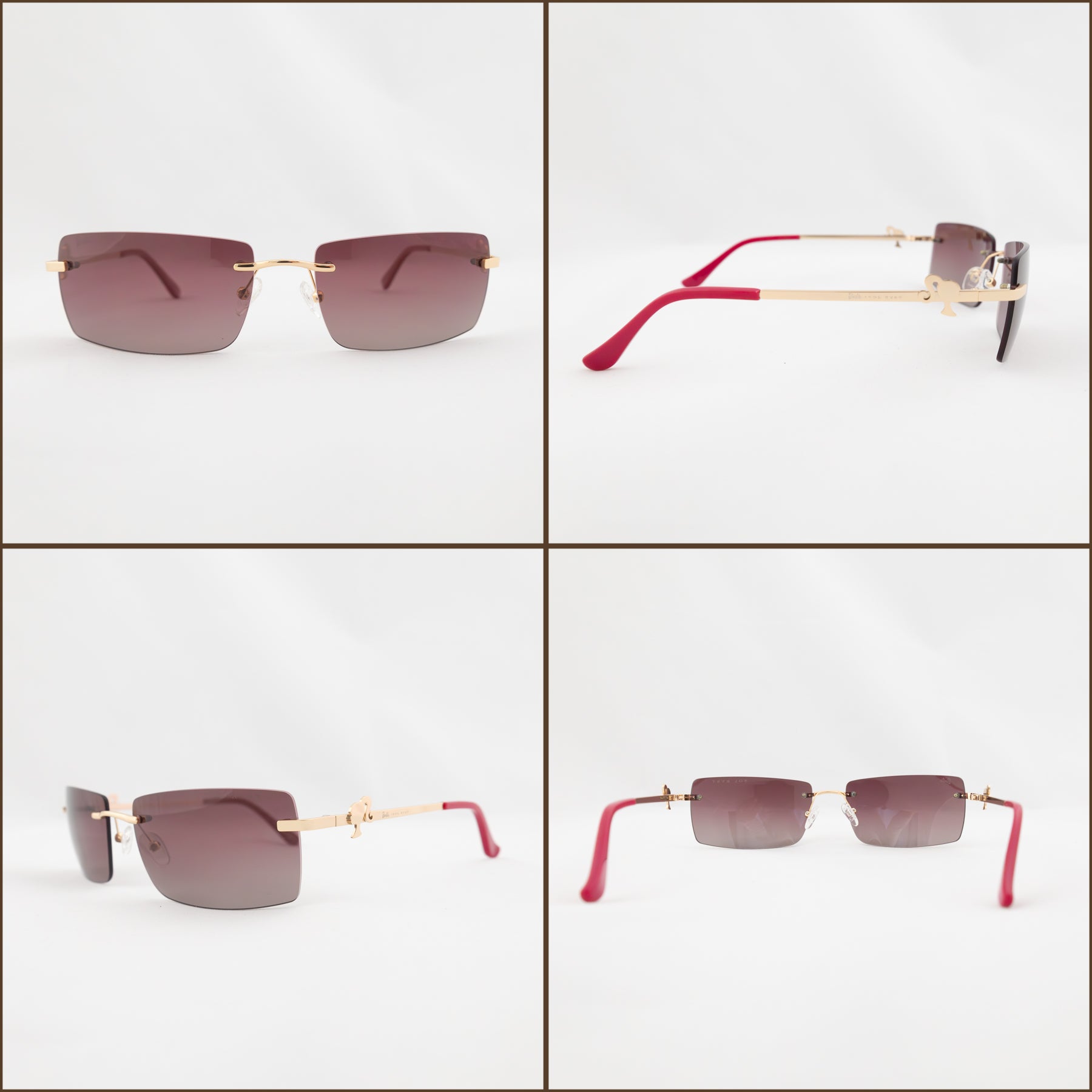 Barbie women's rimless sunglasses with pink tinted lenses and gold frames from 4 different angles.