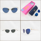 Four different pictures from various angles, showcasing the white Barbie cat eye sunglasses.