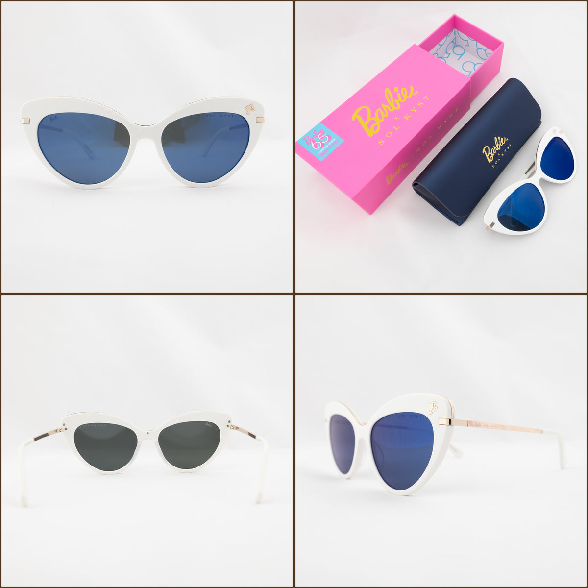Four different pictures from various angles, showcasing the white Barbie cat eye sunglasses.