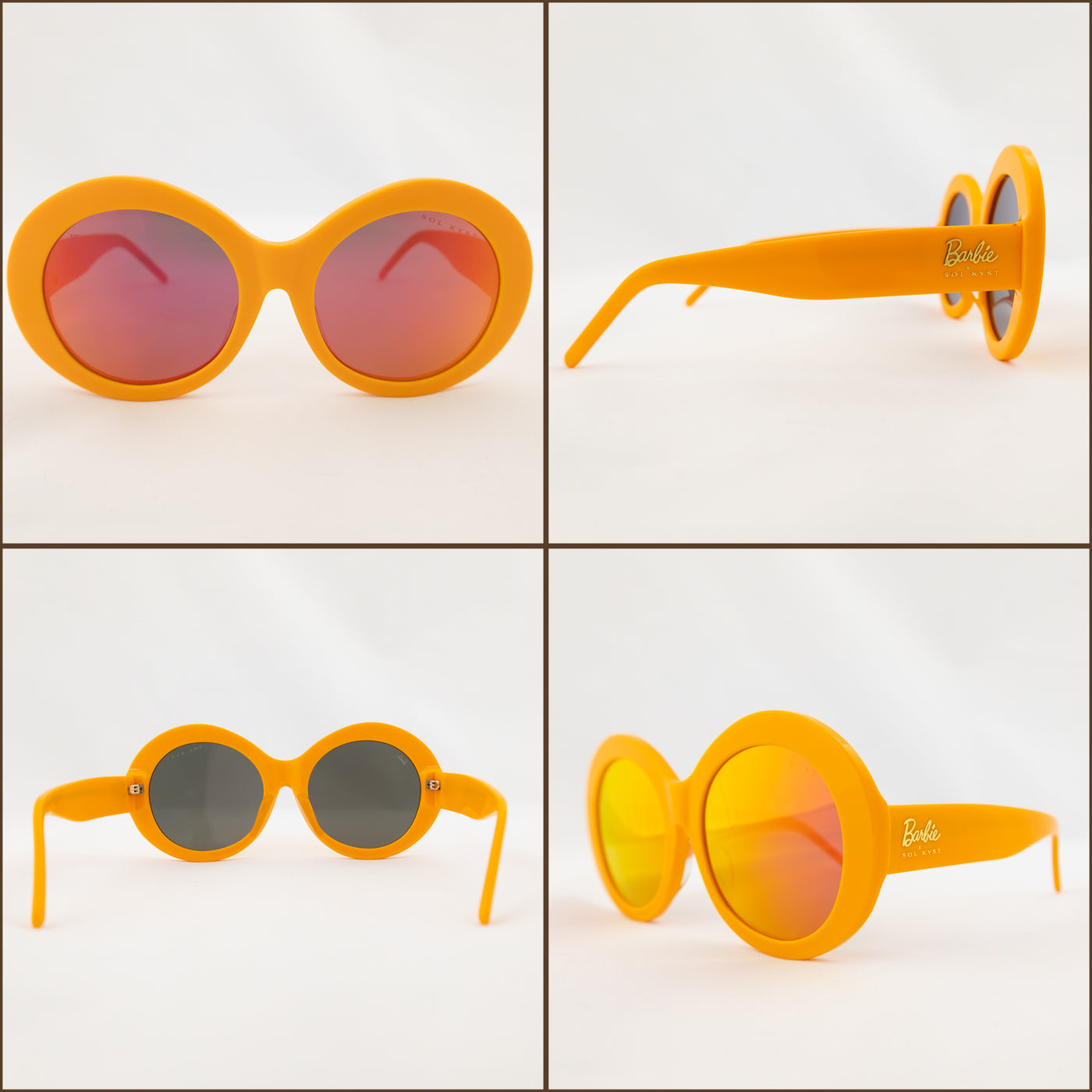 Four angles of Barbie Sol Kyst round orange sunglasses with tinted lenses, displayed against a white background.
