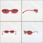 Barbie x Sol Kyst red oval sunglasses shown from front, side, back, and angled views on a white background.