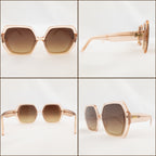 Four views of hexagonal sunglasses with beige translucent frames and gradient brown lenses, displayed against a plain white background.