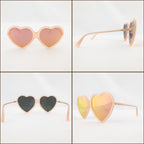 Collage showcasing peach heart-shaped sunglasses from different angles, featuring reflective pink lenses and slim frames.