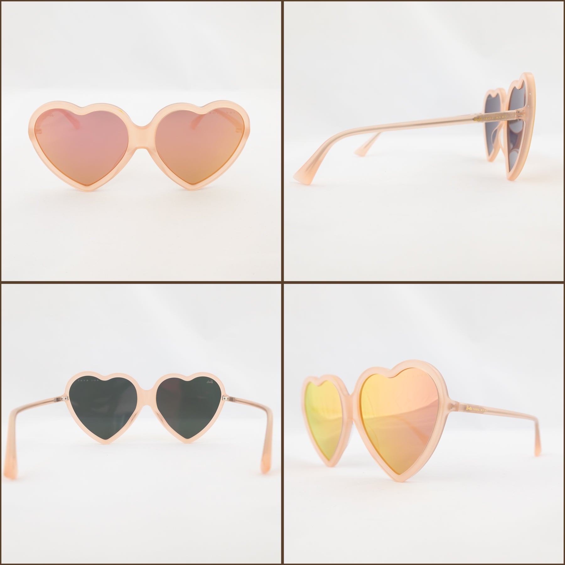 Collage showcasing peach heart-shaped sunglasses from different angles, featuring reflective pink lenses and slim frames.