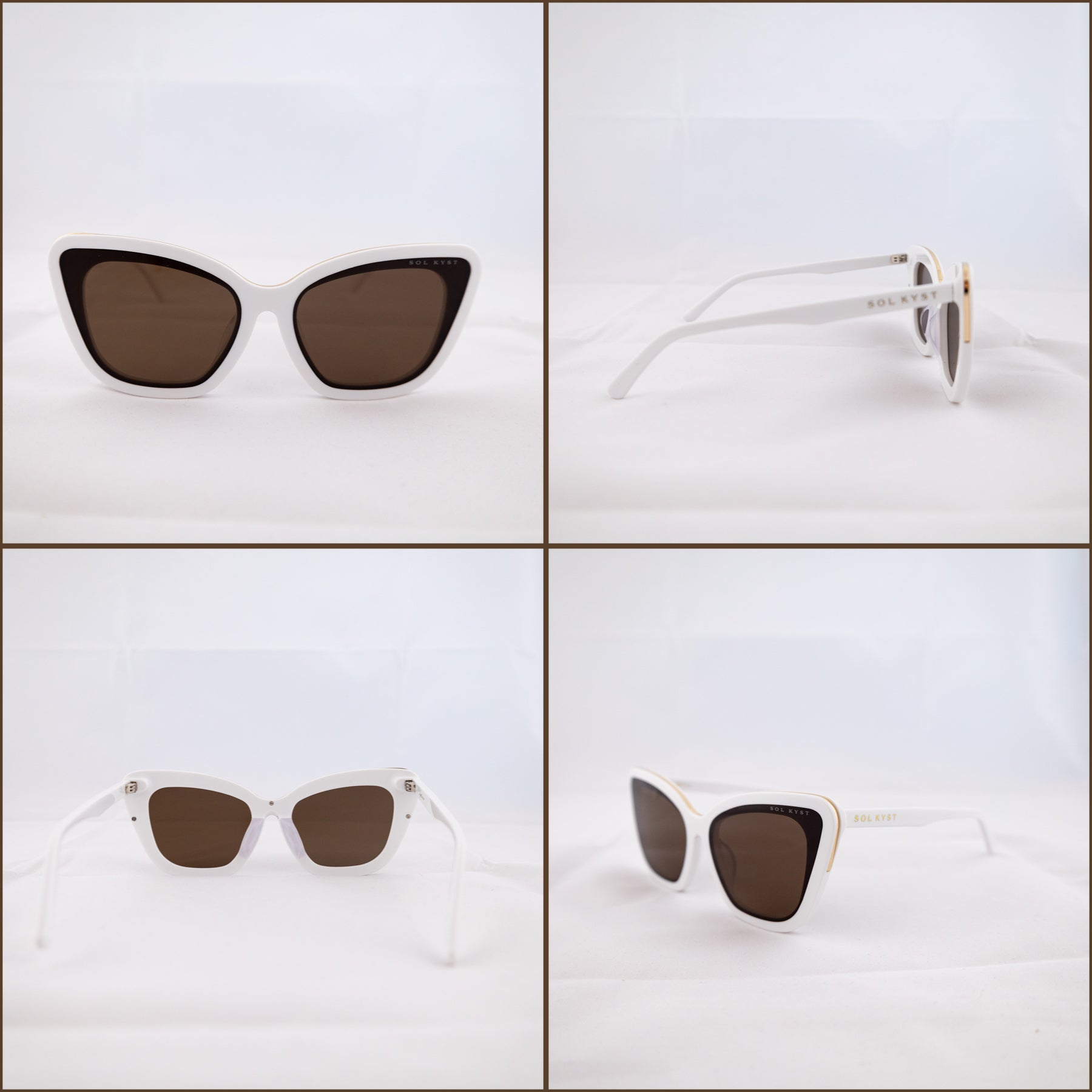 Sol Kyst Bridal Collection sunglasses in white acetate, soft square cat-eye shape, shown in front, side, and angled views.