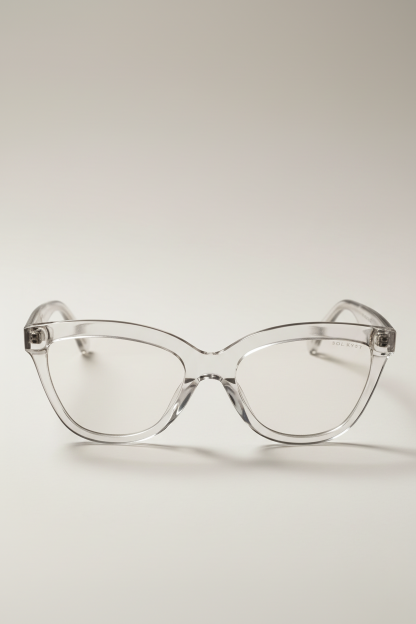 Women's blue light glasses with clear lenses and a clear frame - front view.