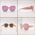 Collage of Sol Kyst oversized sunglasses showing front, side, back, and angled views with pink frames and purple nylon lenses.