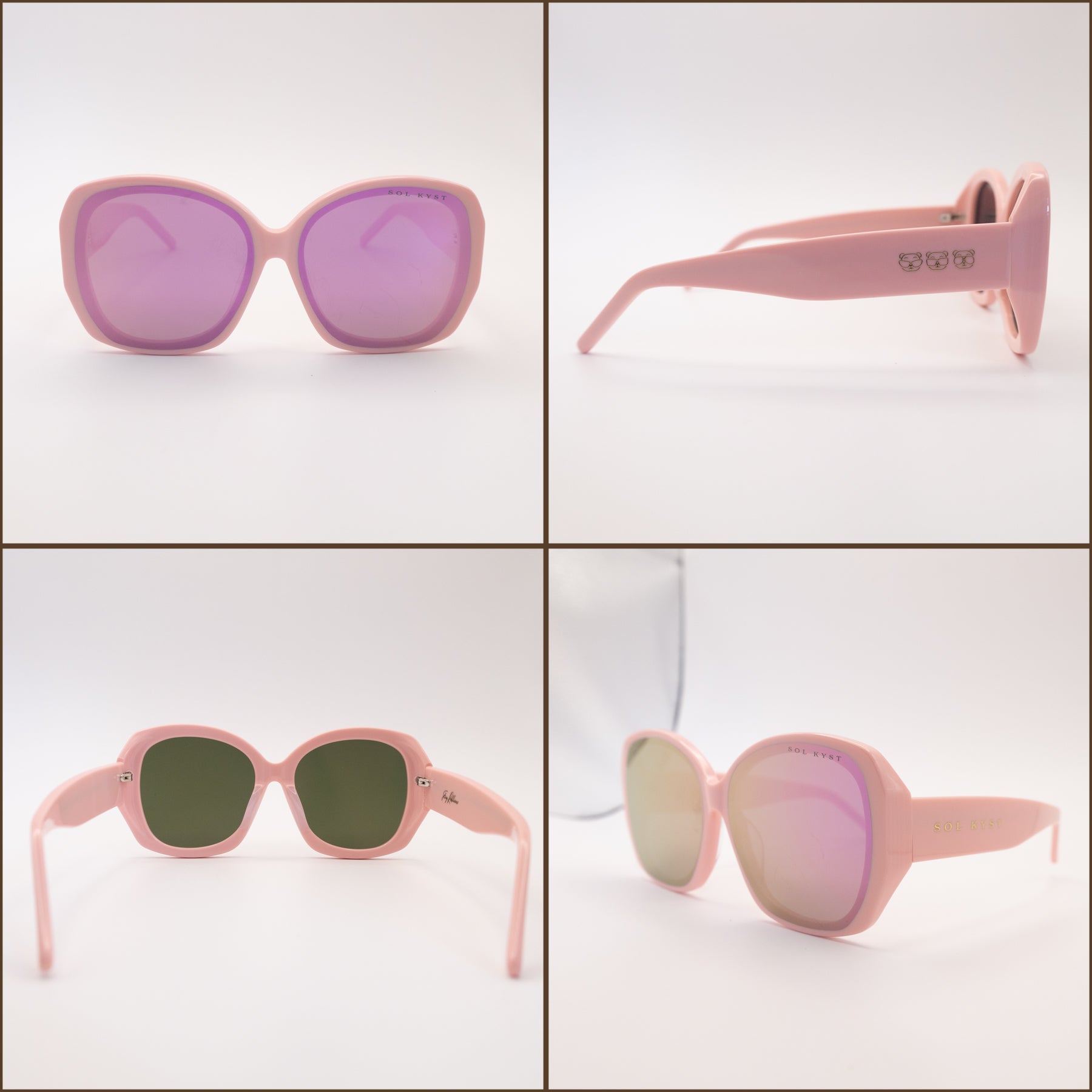 Collage of Sol Kyst oversized sunglasses showing front, side, back, and angled views with pink frames and purple nylon lenses.