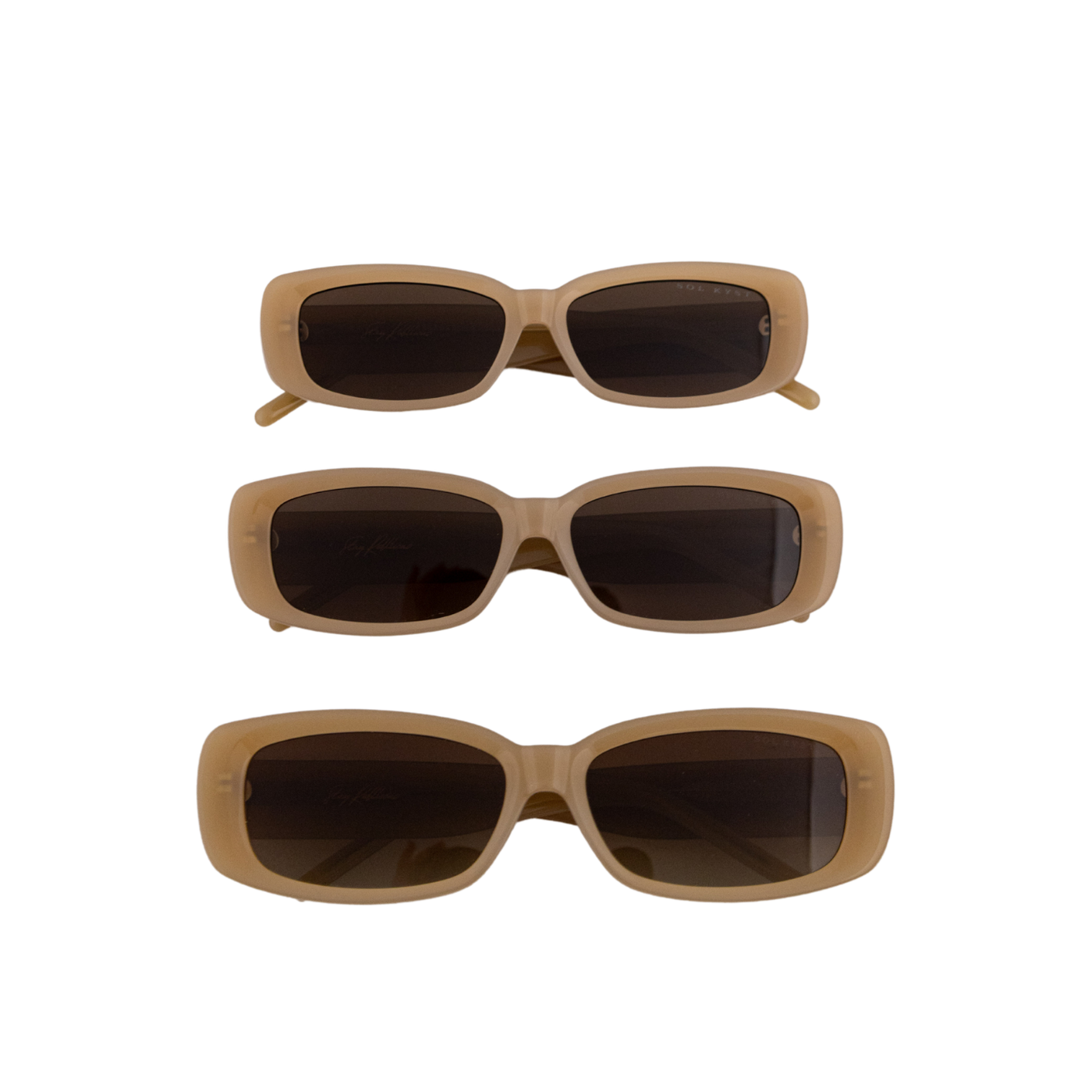Three stacked Sol Kyst women's rectangle sunglasses with beige frames and brown lenses.