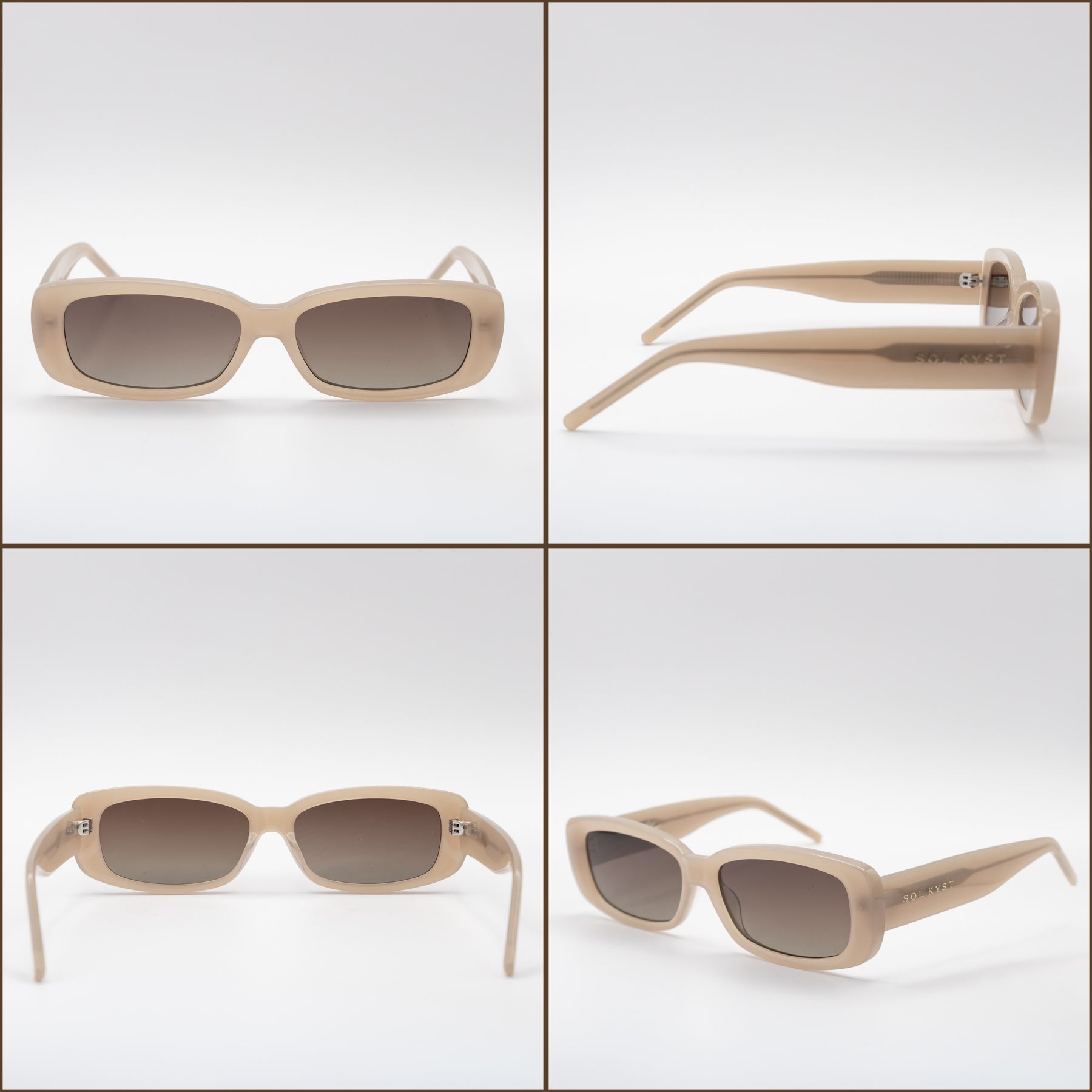 Four angles of beige rectangular sunglasses with brown lenses, highlighting their acetate frame and stylish design.