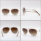 Sol Kyst aviator sunglasses with gold metal frames, tortoise temple tips, and gradient brown lenses, displayed from multiple angles.