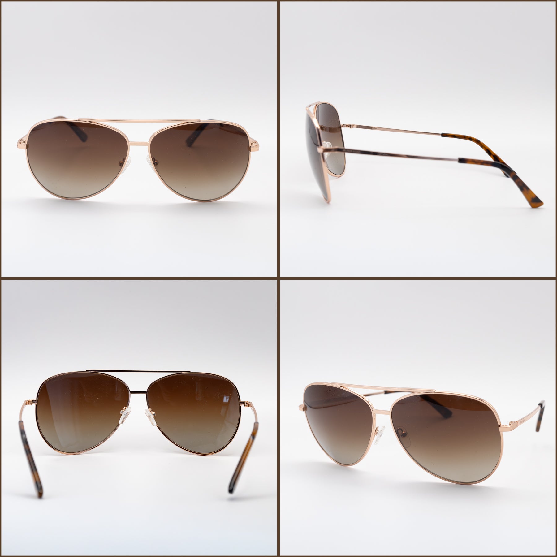 Sol Kyst aviator sunglasses with gold metal frames, tortoise temple tips, and gradient brown lenses, displayed from multiple angles.