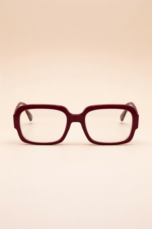 Sunglasses with a maroon frame and reflective lenses on a beige background