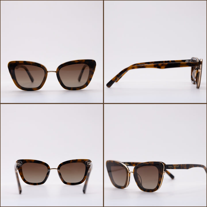 Close-up of tortoise cat eye-frame sunglasses with gradient lenses, shown from front, side, and angled views against a white background.