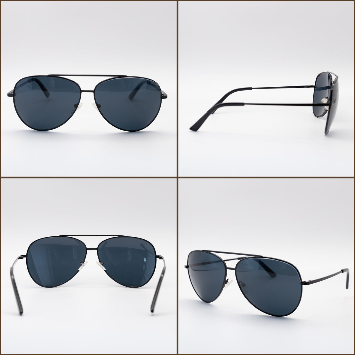 Four angles of Sol Kyst women's aviators with black frames and dark tinted lenses on a white background.