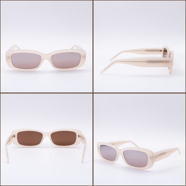 Four angles of Sol Kyst women's rectangle sunglasses with pink frames and pink tinted lenses.