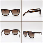 Four views of Sol Kyst women's tortoise sunglasses with rectangular frames and gradient lenses.