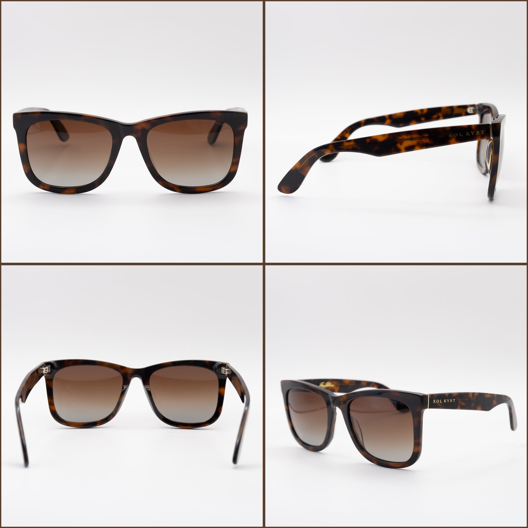 Four views of Sol Kyst women's tortoise sunglasses with rectangular frames and gradient lenses.