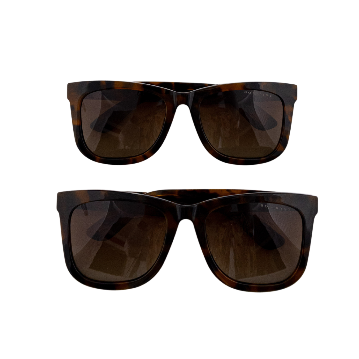 Two stacked Sol Kyst women's square sunglasses with tortoise frames and brown tinted lenses.
