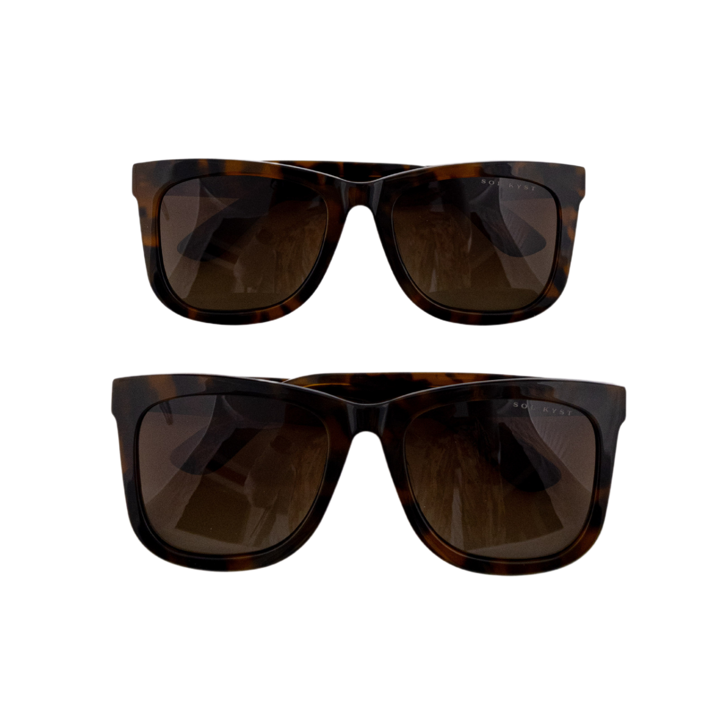 Two stacked Sol Kyst women's square sunglasses with tortoise frames and brown tinted lenses.