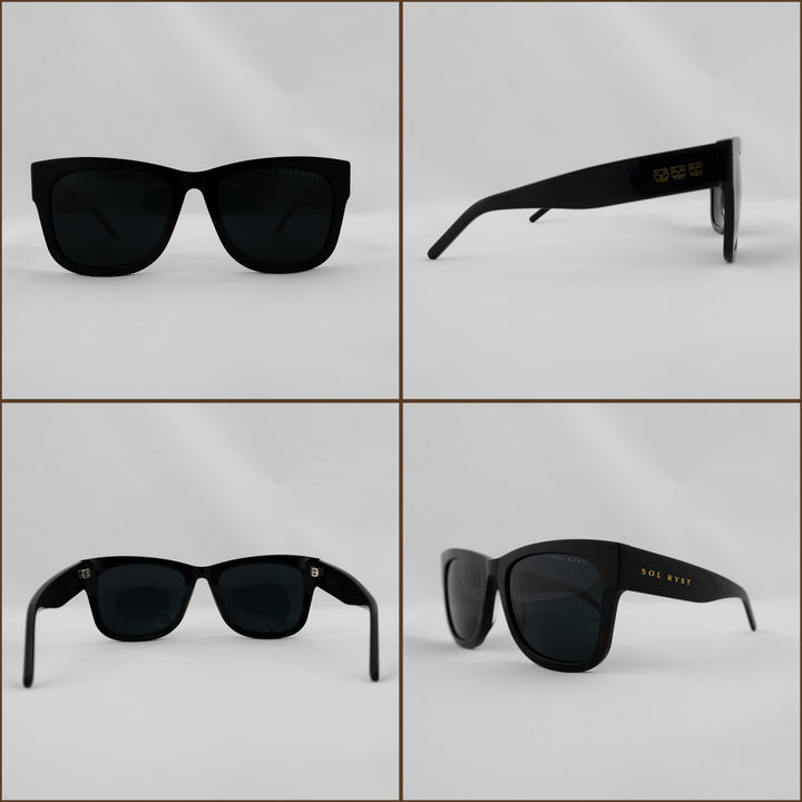 Four angles of Sol Kyst women's square sunglasses with black frames and dark tinted lenses.
