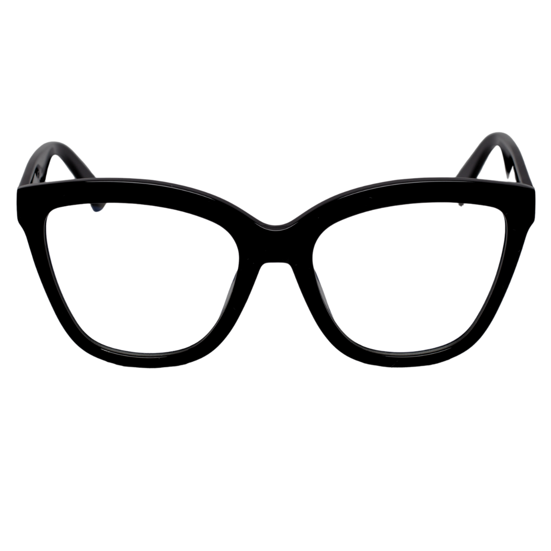 women's blue light glasses with clear lenses and a black frame - front view.
