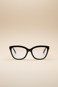 women's blue light glasses with clear lenses and a black frame - front view.