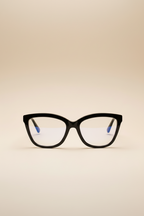 women's blue light glasses with clear lenses and a black frame - front view.