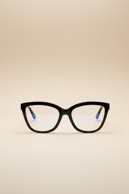 women's blue light glasses with clear lenses and a black frame - front view.