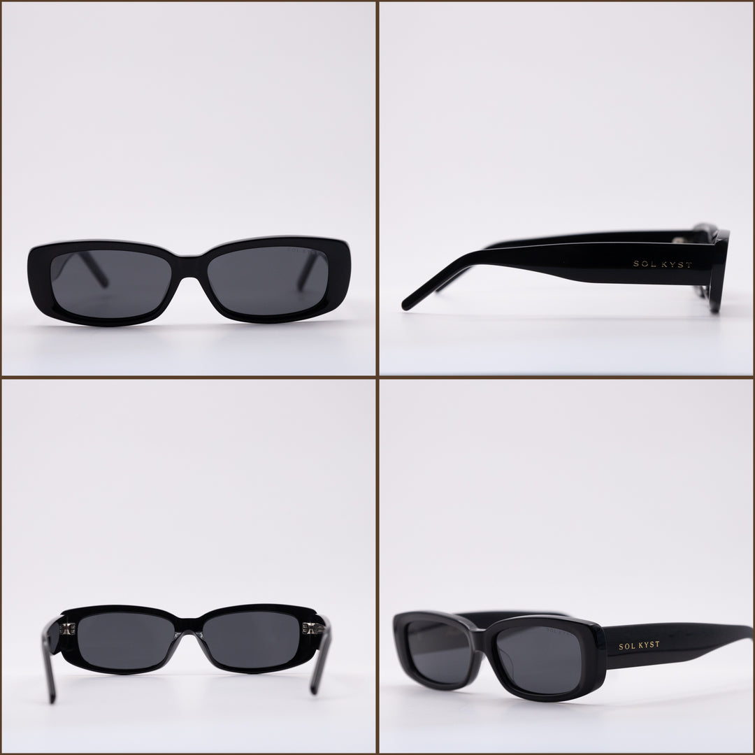 Collage of rectangle Sol Kyst sunglasses showcasing various angles, featuring dark lenses and black frames.