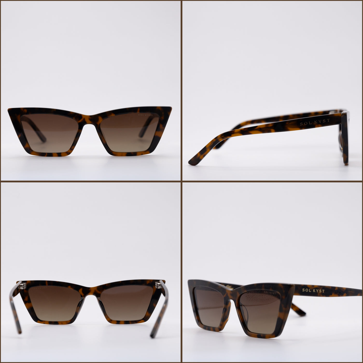 Four angles of women's trapezoid sunglasses with tortoise frame and gradient lenses.