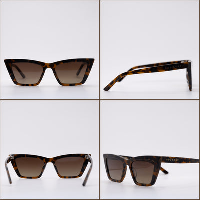 Four angles of women's trapezoid sunglasses with tortoise frame and gradient lenses.