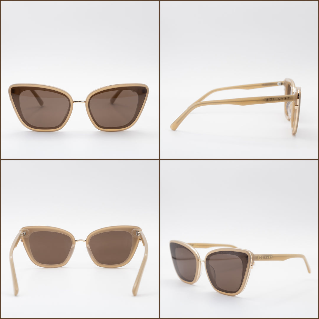 Four angles of Sol Kyst cat eye sunglasses featuring beige frames and brown tinted lenses, displayed against a white background.