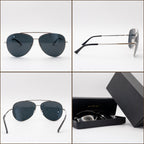 Sol Kyst women's aviator sunglasses shown in four angles, featuring silver frames, dark polarized lenses, and a black presentation box with case.