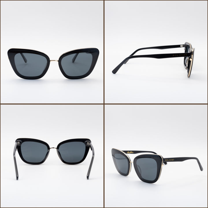 Four angles of Sol Kyst cat eye sunglasses with black frames, blue tinted lenses, and gold accents.