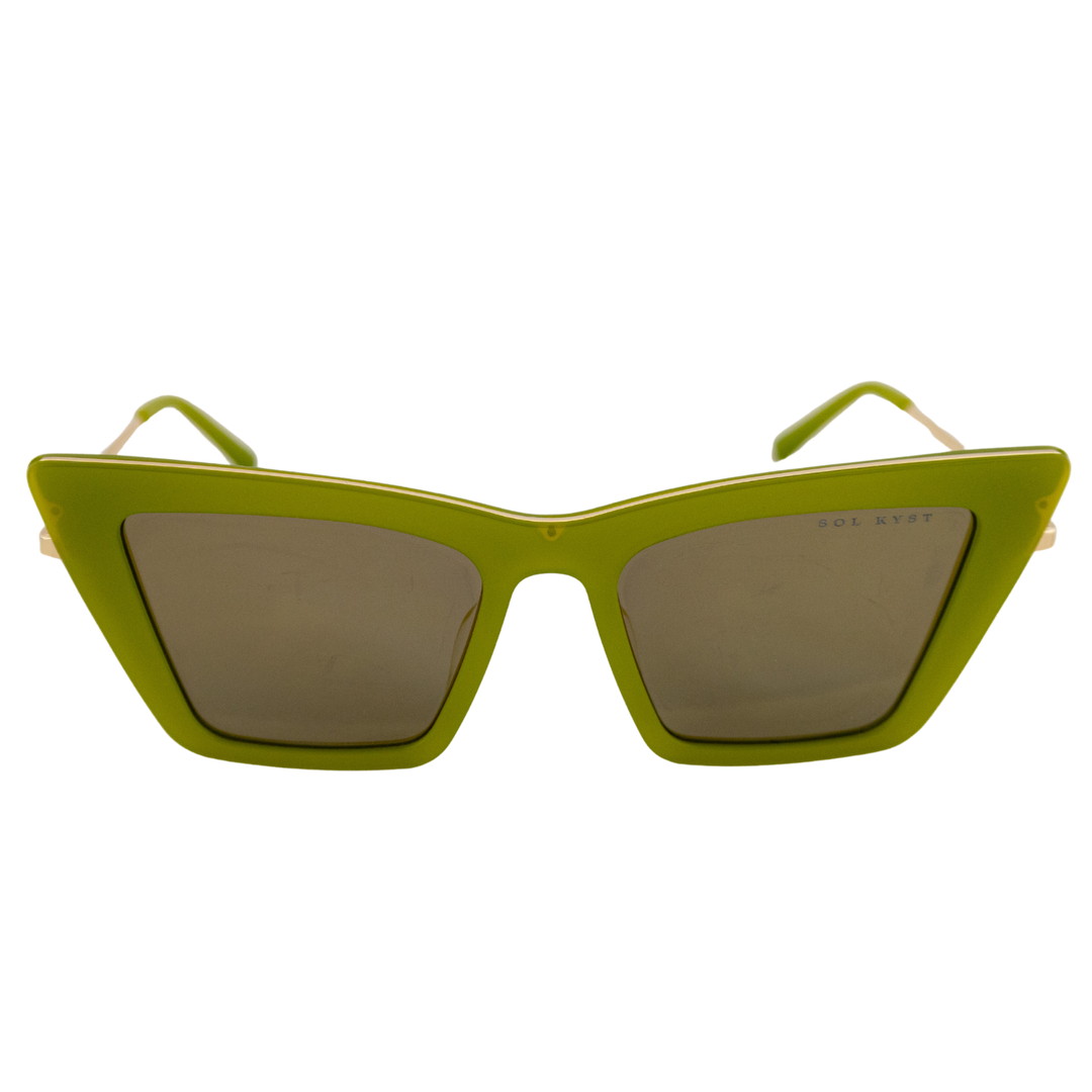 Sol Kyst trapezoid sunglasses with green frames and green tinted lenses - front view.