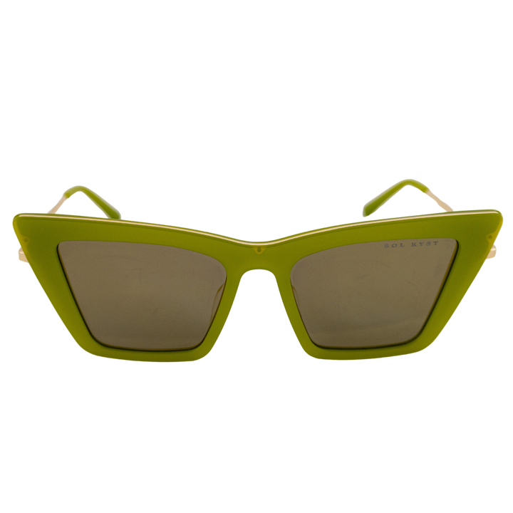 Sol Kyst trapezoid sunglasses with green frames and green tinted lenses - front view.