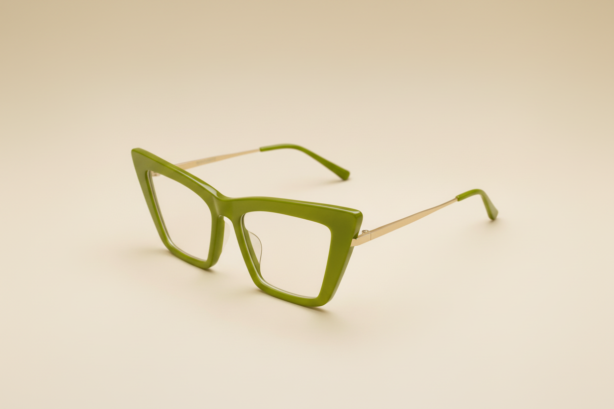 Green cat-eye glasses on a beige background