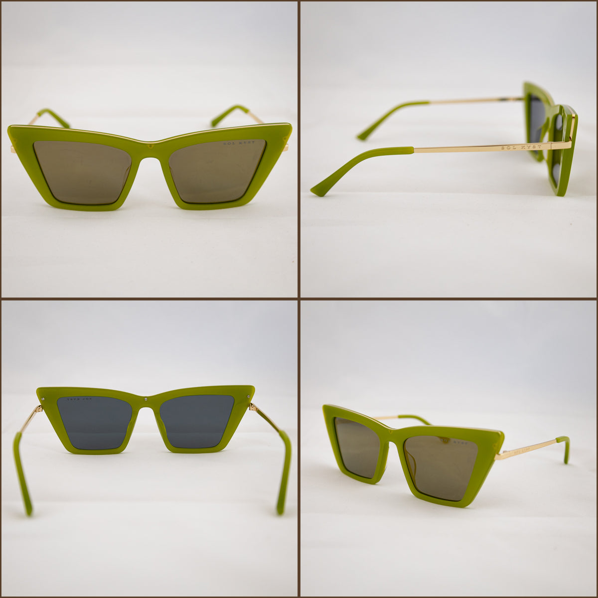 Four angles of Sol Kyst trapezoid sunglasses with green frames and dark tinted lenses.