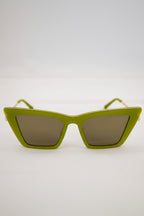 Green sunglasses shown from multiple angles on a light gray background