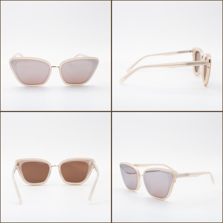 Four angles of Sol Kyst cat eye sunglasses with beige frames and brown tinted lenses  shown on a white background.